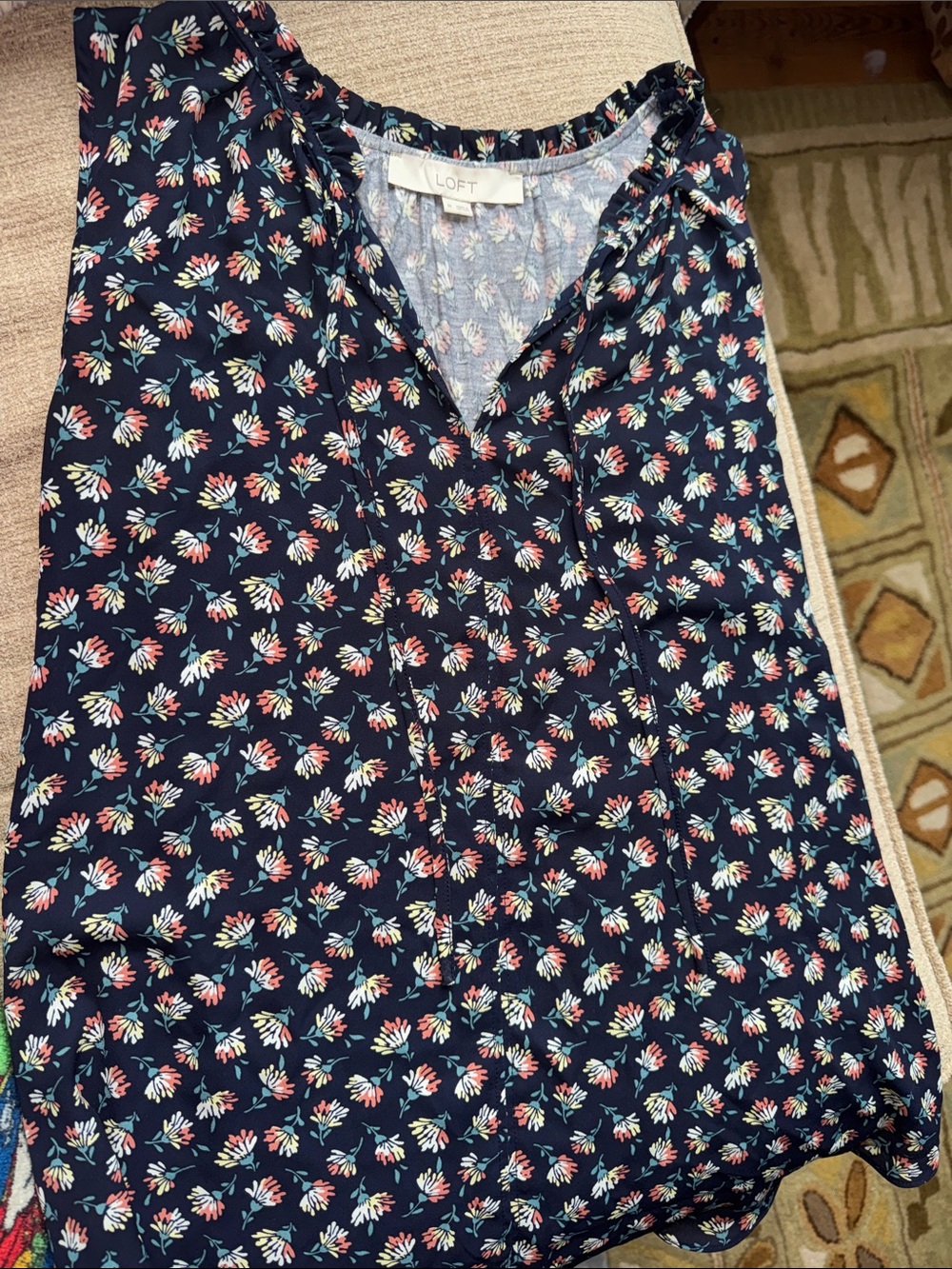 LOFT Navy Floral Sleeveless Tie-Detail Blouse